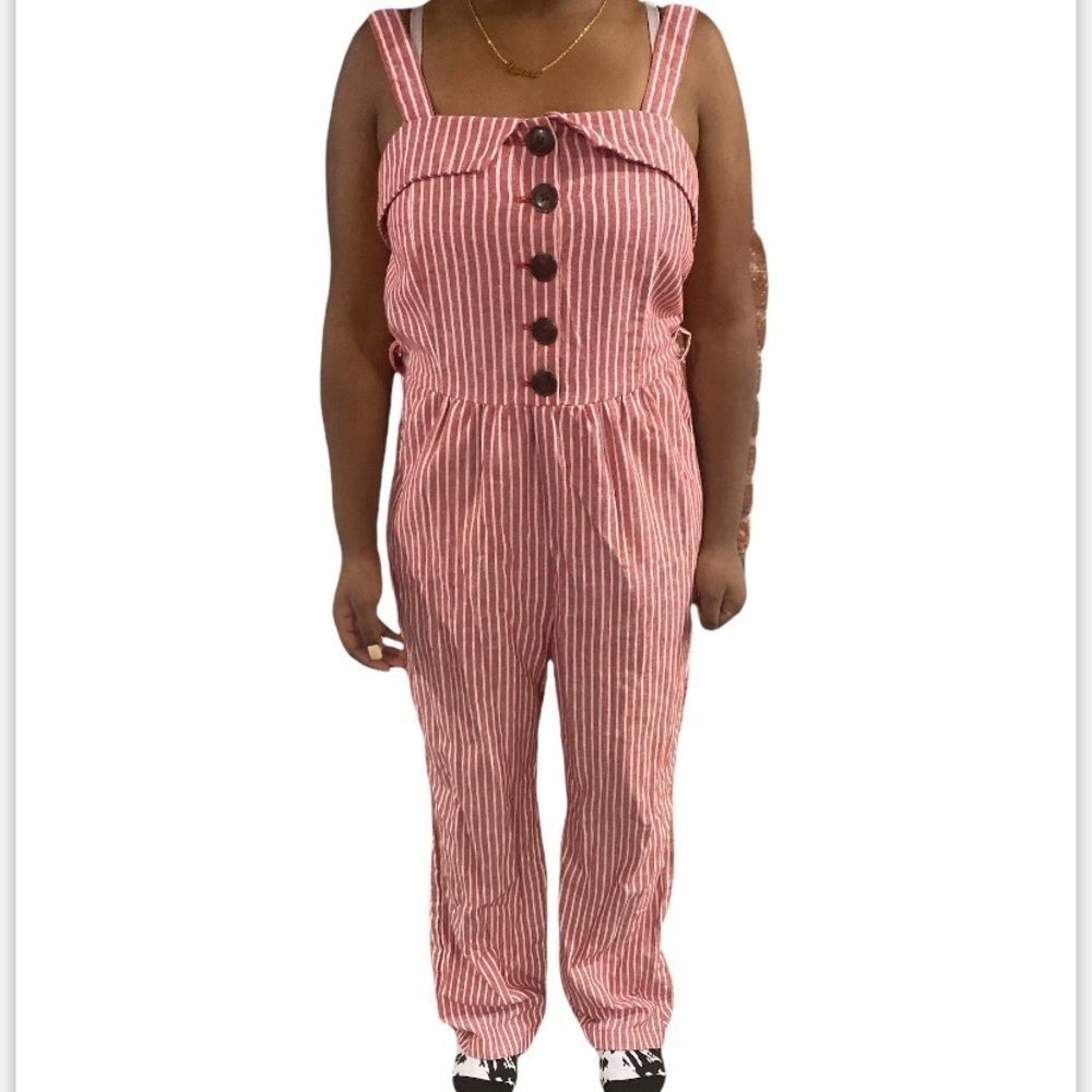 CISONO Red Striped Linen Jumpsuit Women's Size Large